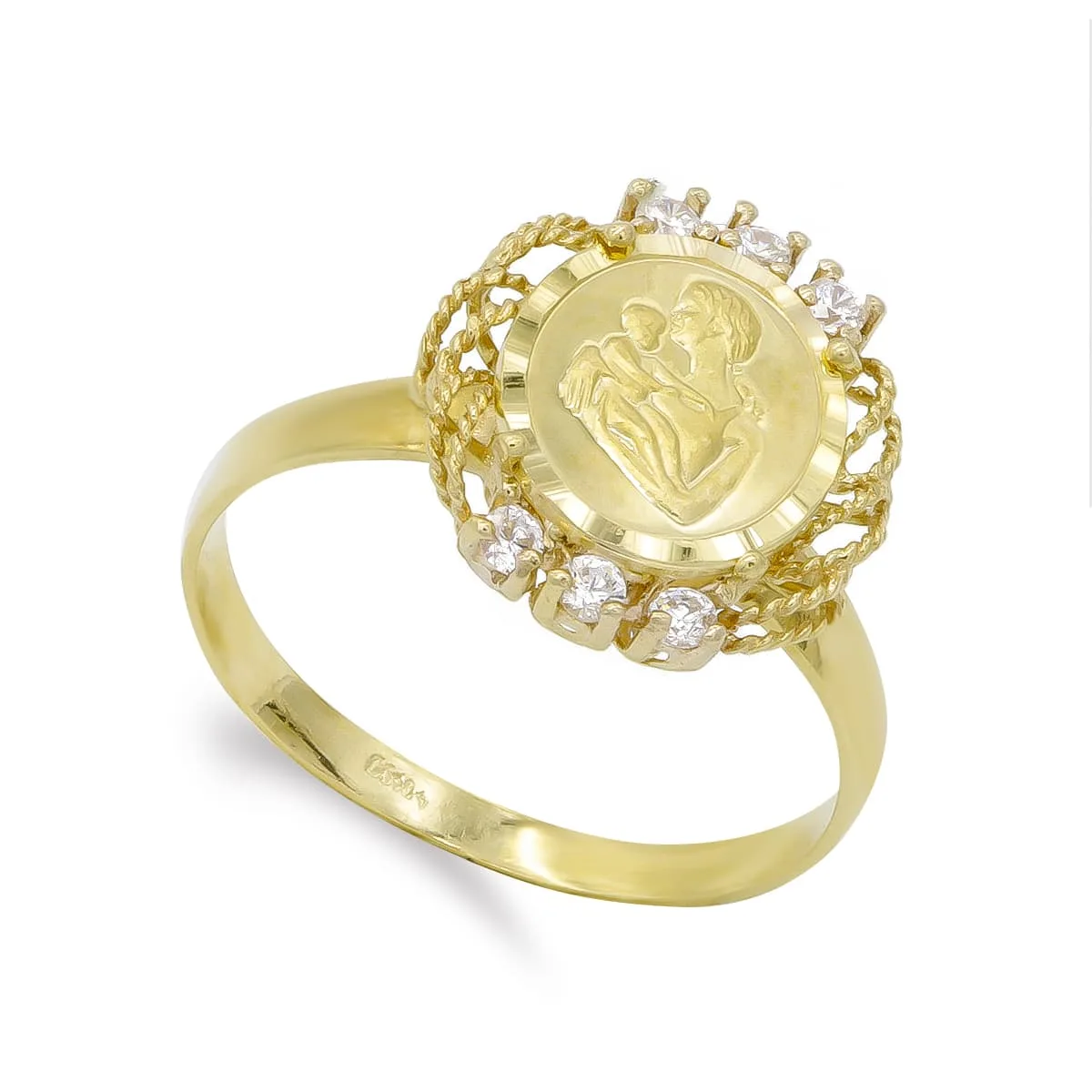 18K SORTIJA ORO AMARILLO CON MONEDA RELIEVE VIRGEN MADRE Y CIRCONITAS. MEDIDA: 14X13 MM