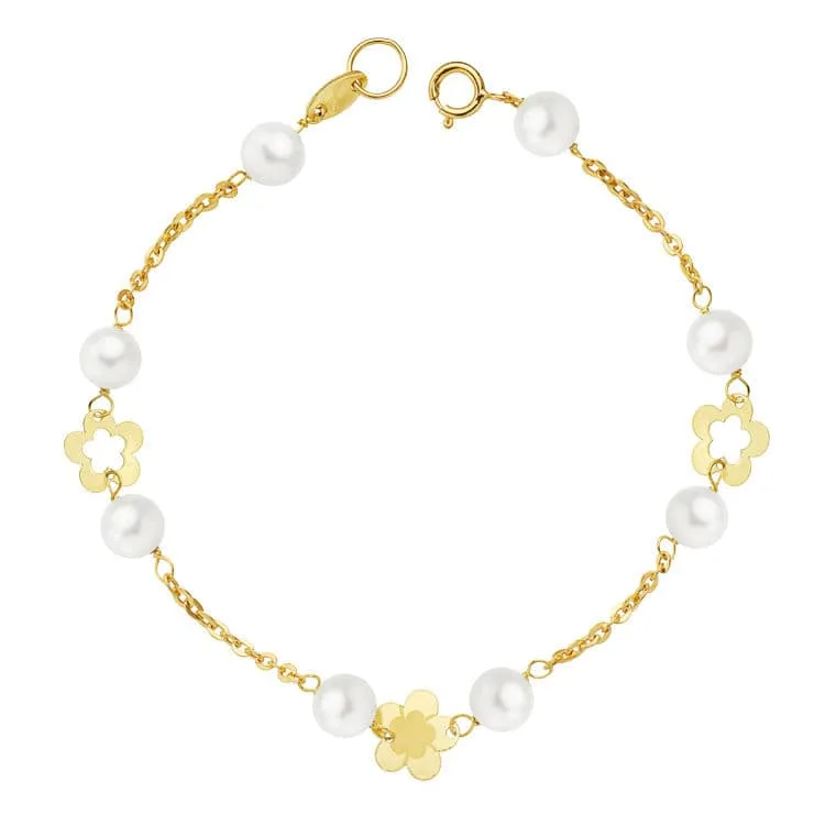 18K PULSERA ORO AMARILLO PERLA Y FLORES 17CM