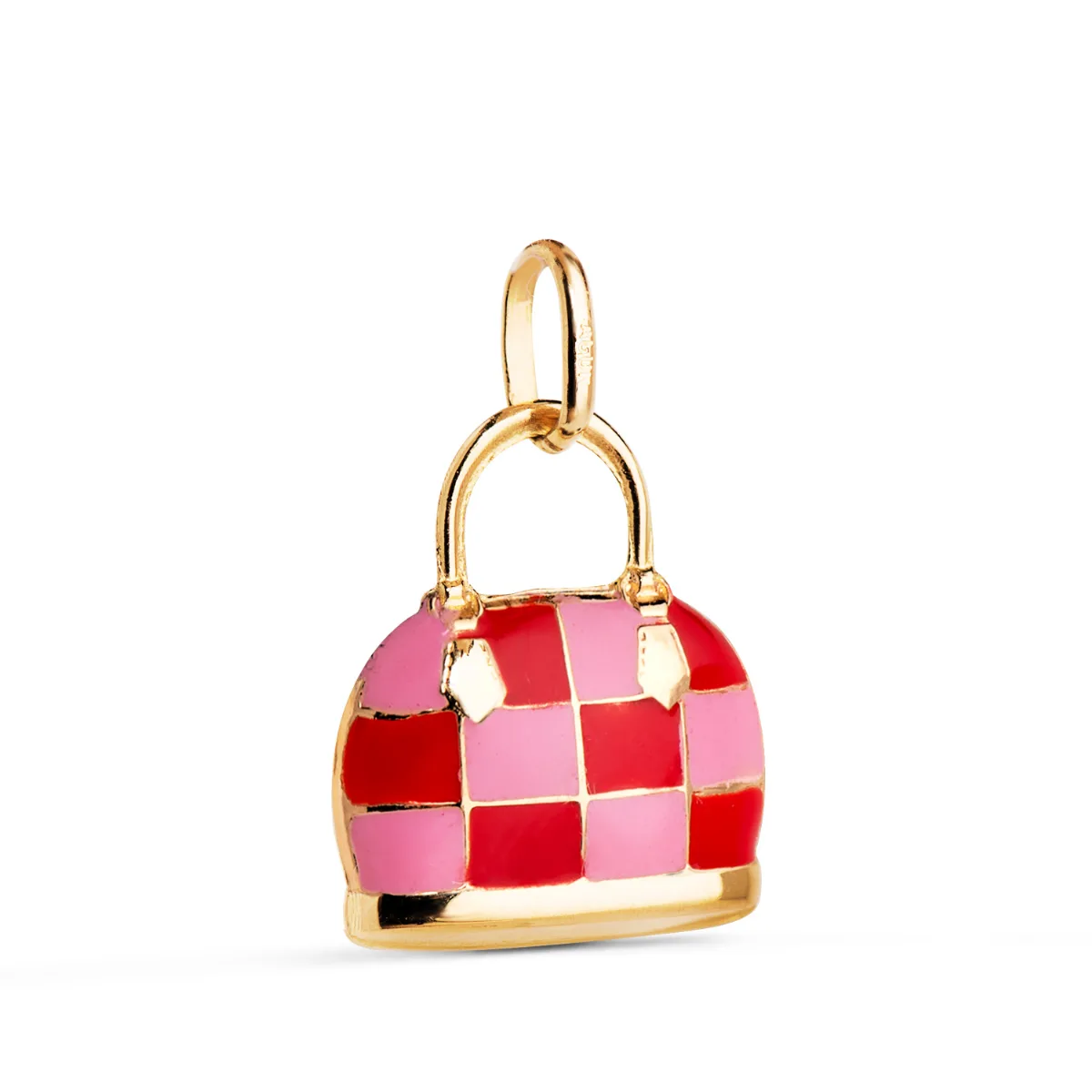 18K COLGANTE CHARM ORO AMARILLO BOLSO CON ESMALTE ROJO Y ROSA. MEDIDA: 15 X 12,5 MM