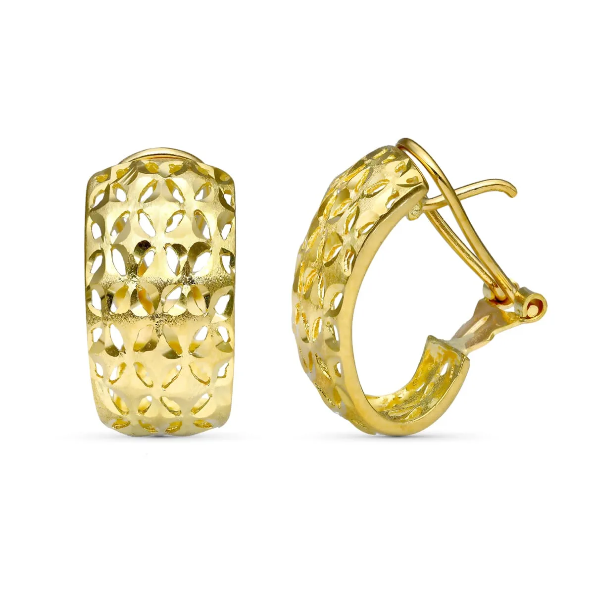 18K PENDIENTES ORO AMARILLO TALLADOS CALADOS 18X10 MM CIERRE OMEGA