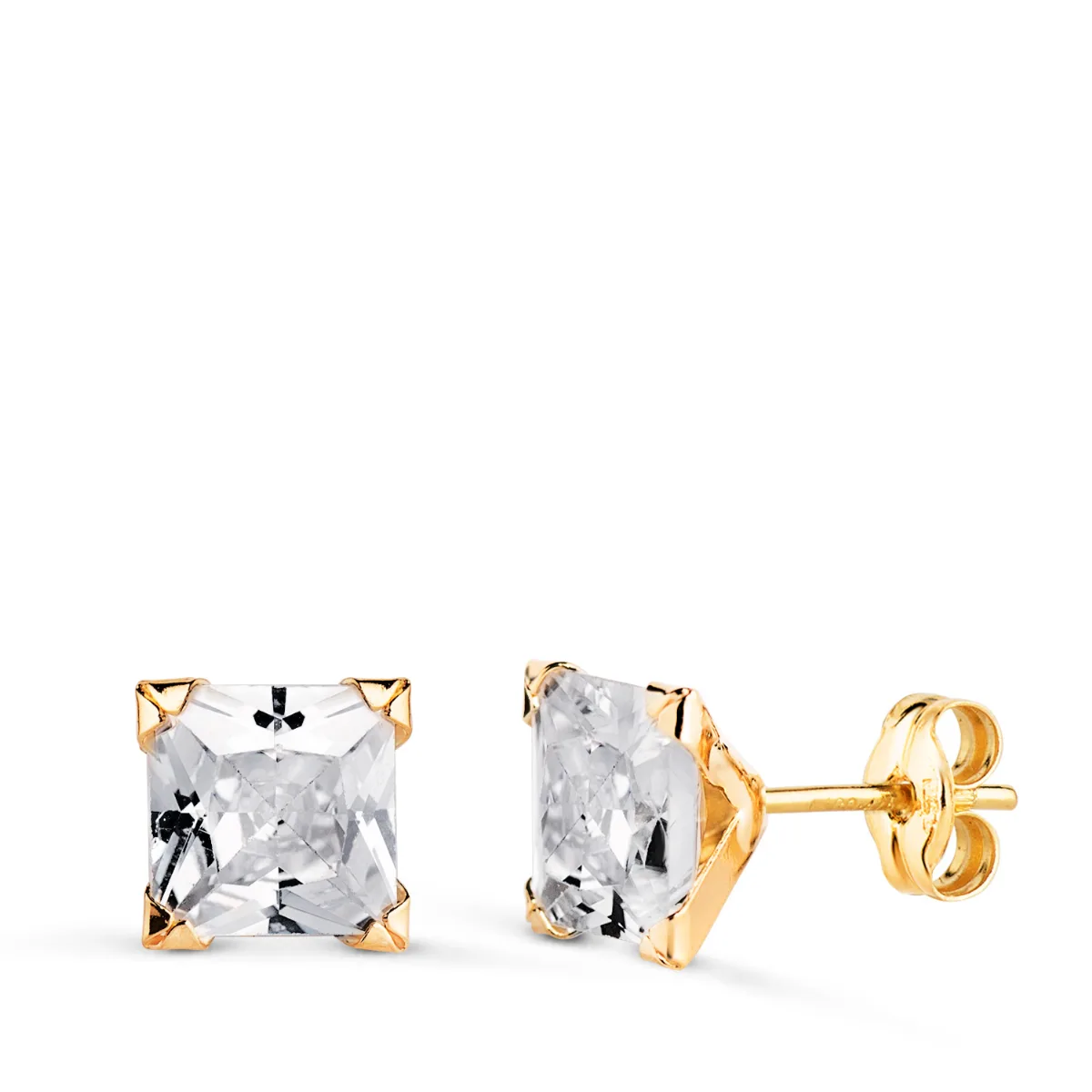 18K PENDIENTES ORO AMARILLO CIRCONITA CUADRADA CON 4 GARRAS. ANCHO: 7MM. CIERRE PRESION