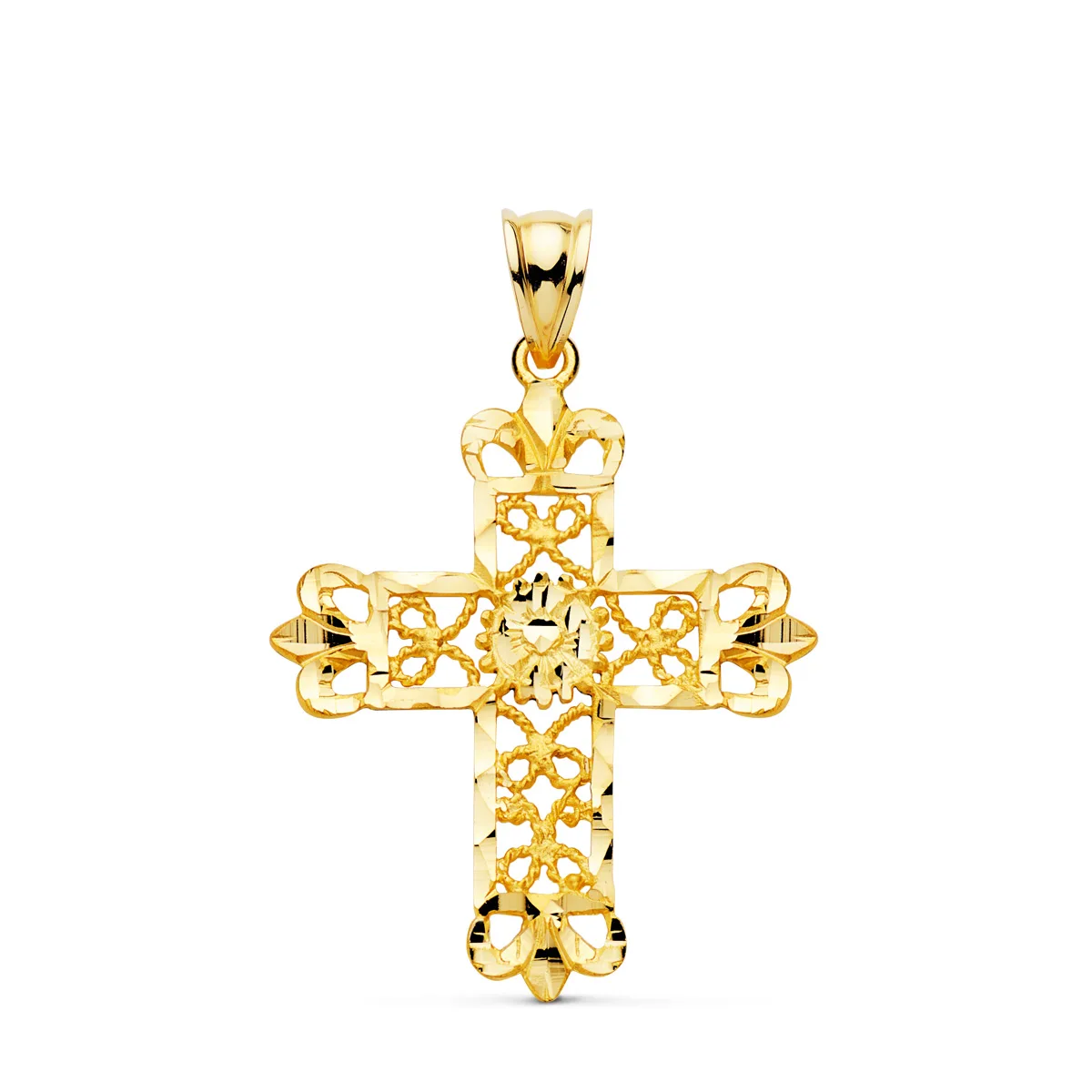18K CRUZ ORO AMARILLO FILIGRANA BORDES TALLADOS. 35X29 MM