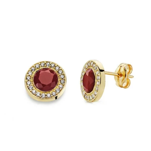 18K PENDIENTES ORO AMARILLO PIEDRA ROJA 5MM CIRCONITA CIERRE PRESION