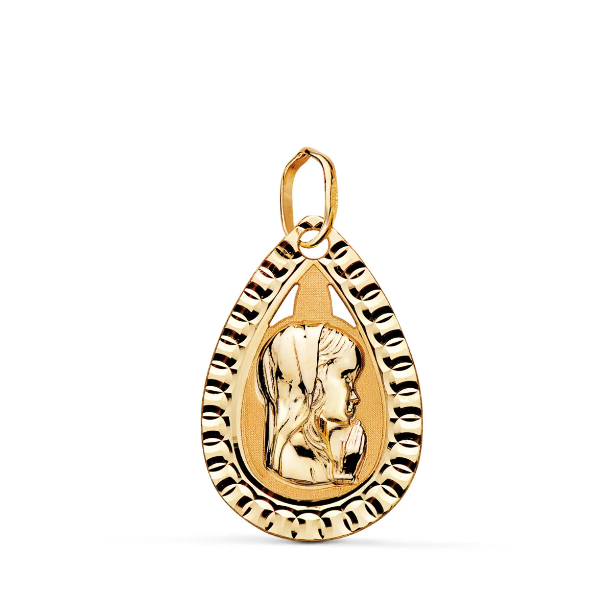 18K MEDALLA ORO AMARILLO VIRGEN NIÑA LAGRIMA TALLADA MATE Y BRILLO. MEDIDA: 20X13 MM