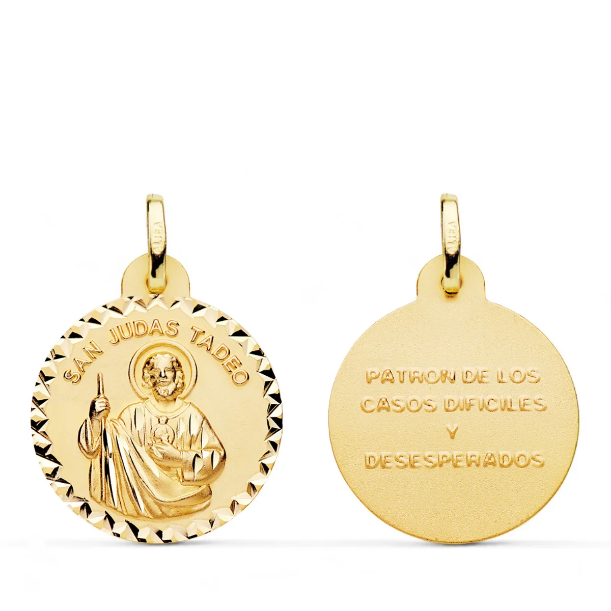 18K MEDALLA ORO AMARILLO SAN JUDAS TADEO BORDE TALLA CRUZADA. MEDIDA: 20 MM