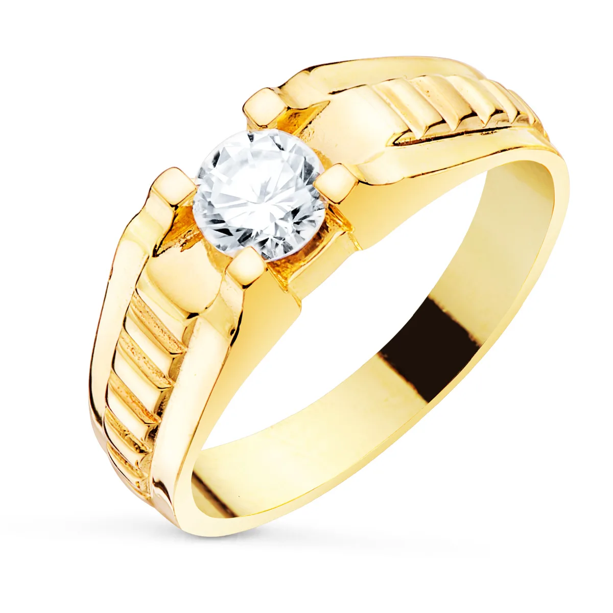 18K SOLITARIO ORO AMARILLO ESTRIAS CABALLERO CIRCONITA 5.5 MM