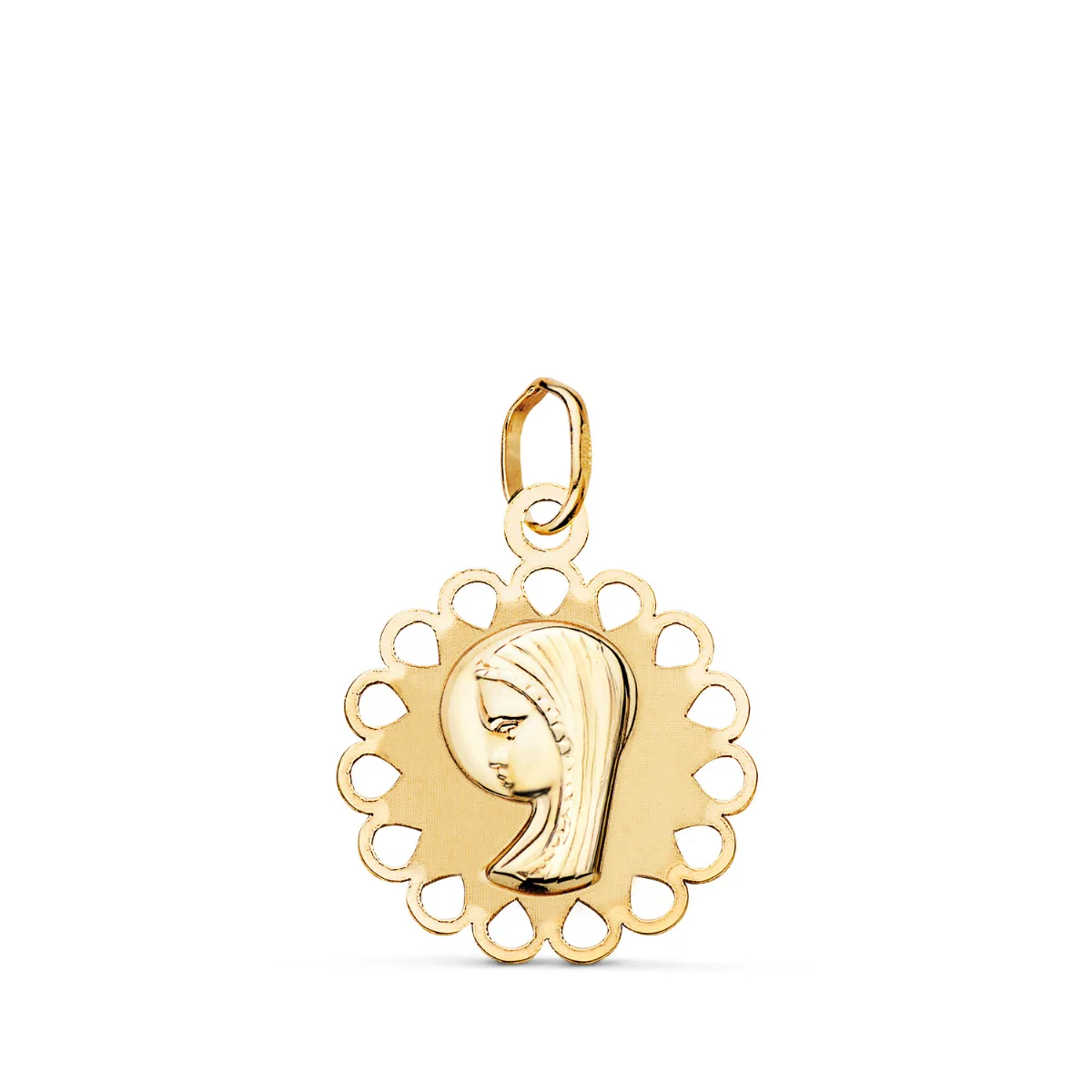 9K MEDALLA ORO AMARILLO VIRGEN NIÑA REDONDA CALADA MATE Y BRILLO. MEDIDA: 18 X 15 MM