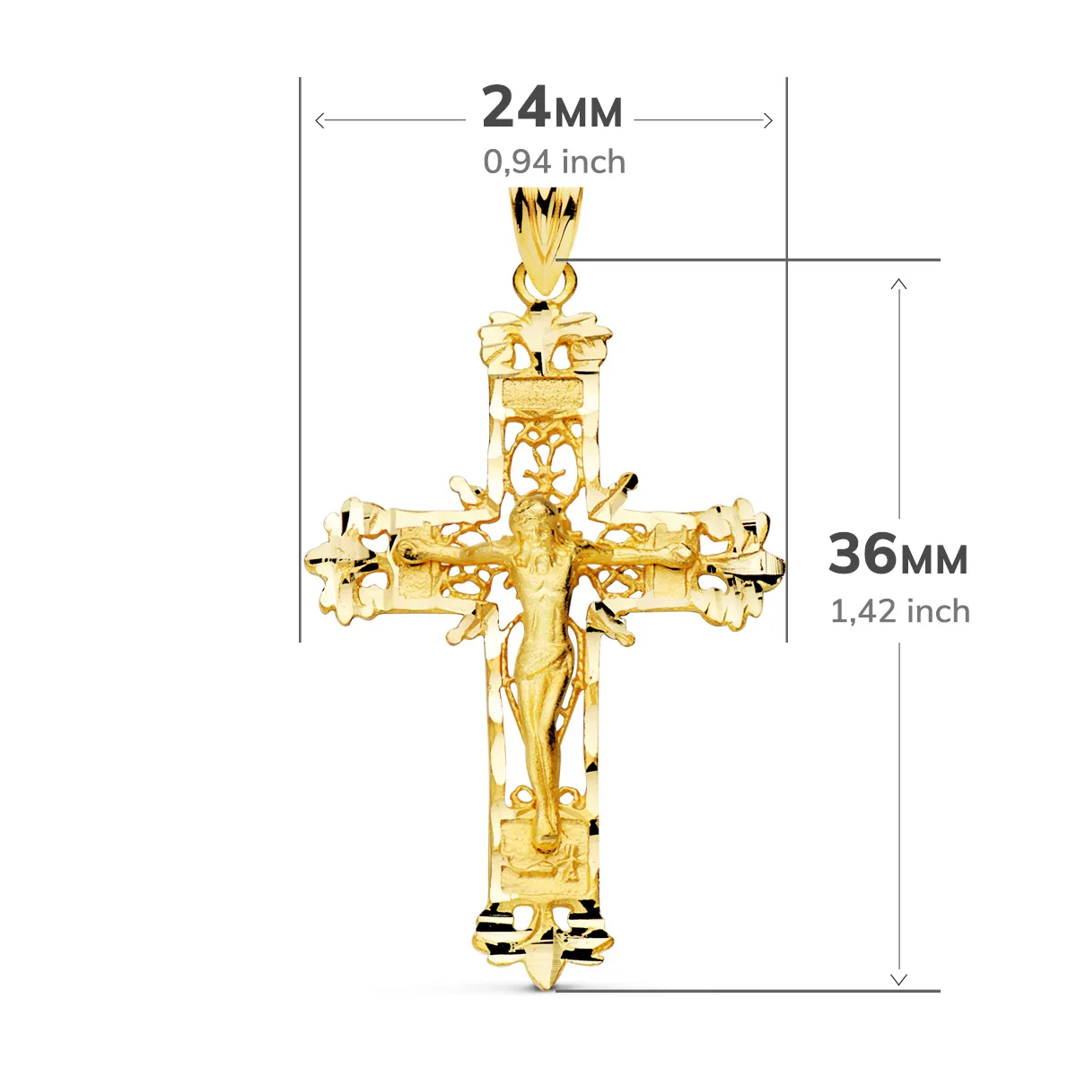 18K CRUZ ORO AMARILLO FILIGRANA CON CRISTO TALLADA 36X24 MM — vista 2