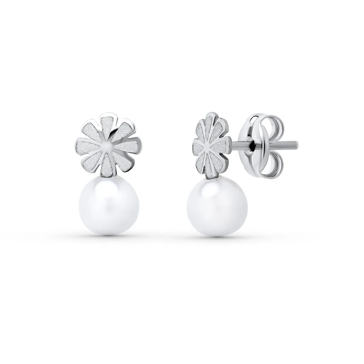 18K PENDIENTES ORO BLANCO PERLA 9X5 MM. CIERRE PRESION
