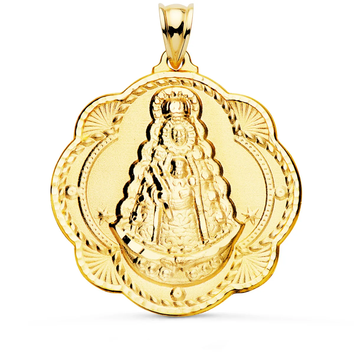 18K MEDALLA ORO AMARILLO VIRGEN DEL ROCIO PANDERETA 40X36 MM