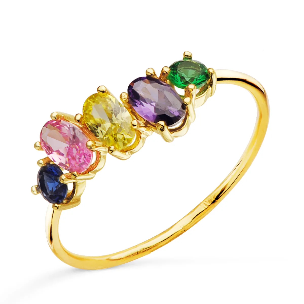 18K SORTIJA ORO AMARILLO CON 5 PIEDRAS DE COLOR. ANCHO CUERPO: 1