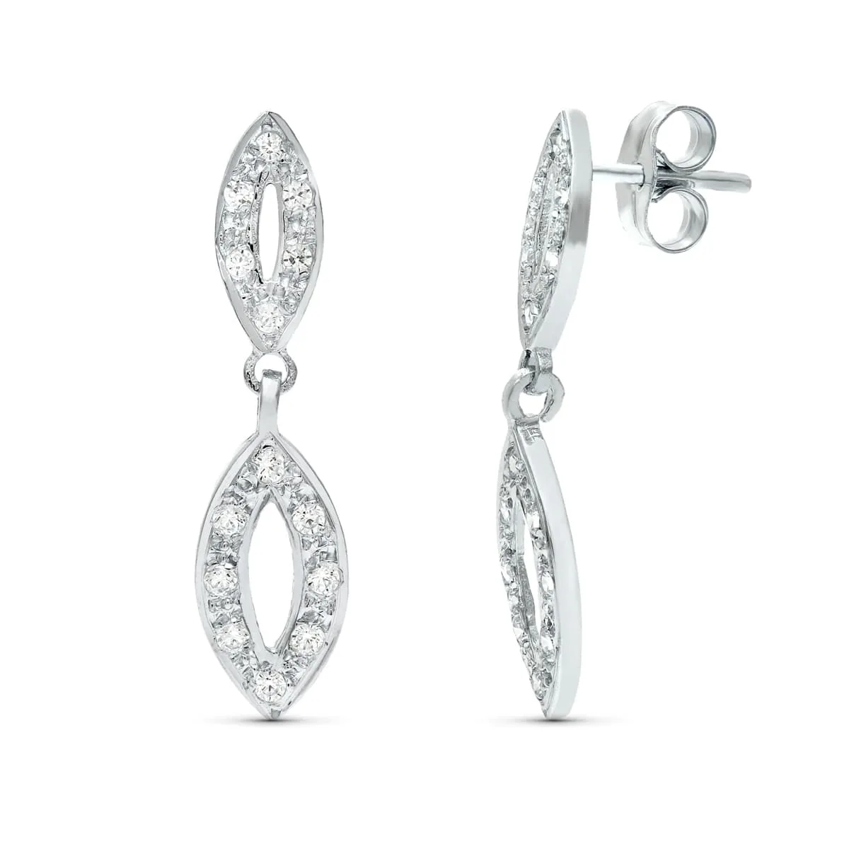 18K PENDIENTES DOS CUERPOS ORO BLANCO JUEGO NOVIA CIRCONITA 25X6 MM PRESION