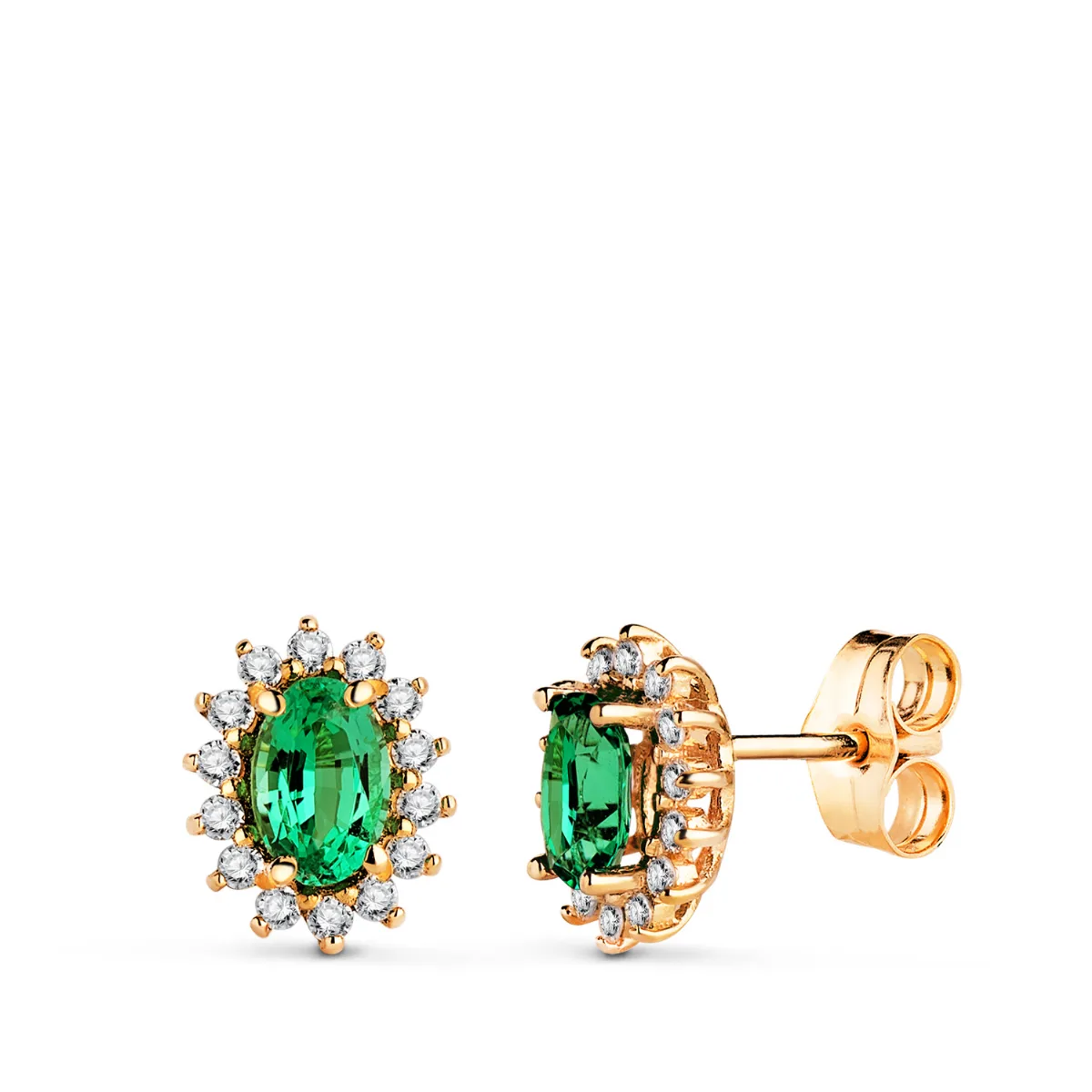 18K PENDIENTES ORO AMARILLO 28 DIAMANTES DE LABORATORIO Y  ESMERALDA RECRISTALIZADA 6X4 MM 0,78 QT 0,280QT VS2-G. 9,5X8 MM CIERRE PRESION
