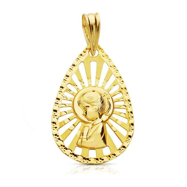 18K MEDALLA ORO AMARILLO VIRGEN NIÑA CERCO CALADO 22X19 MM