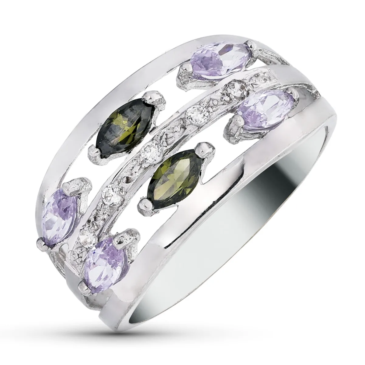 18K SORTIJA ORO BLANCO CIRCONITAS COLOR OLIVINA Y MALVA TALLA MARQUISE. ANCHO: 11 MM