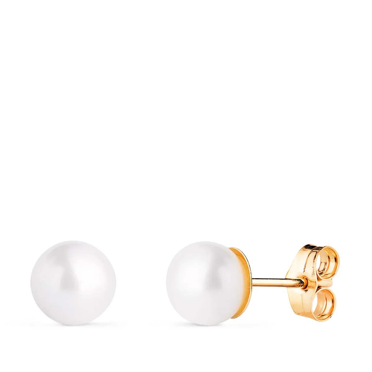 18K PENDIENTES ORO AMARILLO PERLAS CULTIVADAS REDONDAS 7-7,5 MM CIERRE PRESION