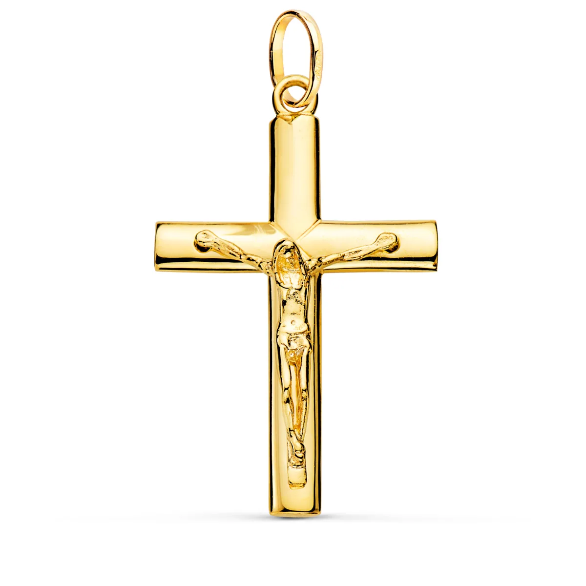 18K CRUZ ORO AMARILLO CRISTO MACIZA MEDIO PALO REDONDO BRILLO 38 X 24 MM