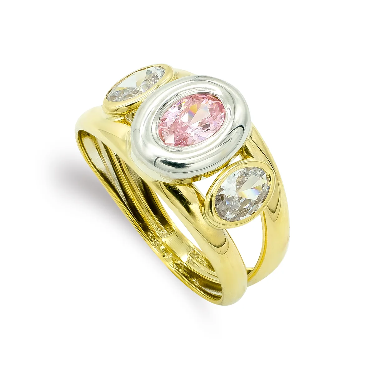 9K SORTIJA ORO BICOLOR PIEDRA DOBLE CUERPO CON CIRCONITA ROSA OVAL EN BOCEL. ANCHO: 10 MM