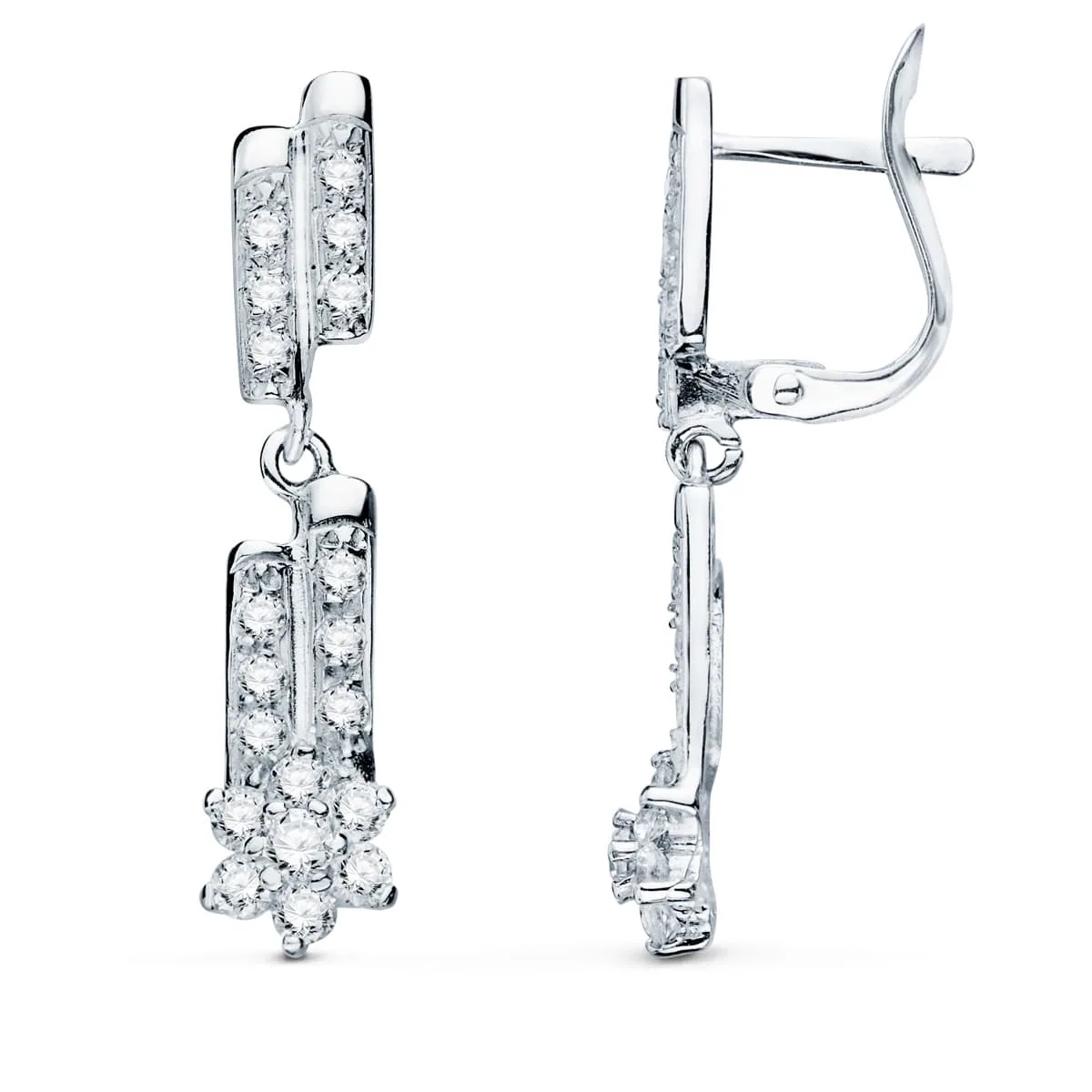 18K PENDIENTES ORO BLANCO LARGOS CUAJOS Y CIRCONITA 28X6 MM CIERRE CATALAN