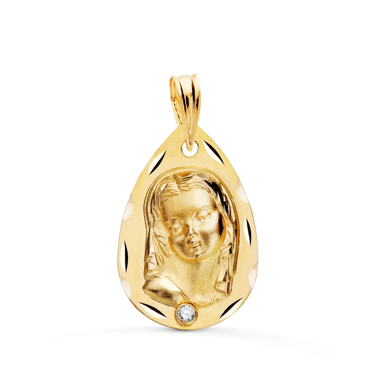 18K MEDALLA ORO AMARILLO VIRGEN NIÑA GOTA TALLADA CON CIRCONITA. MEDIDA: 21,5 X 14,5 MM