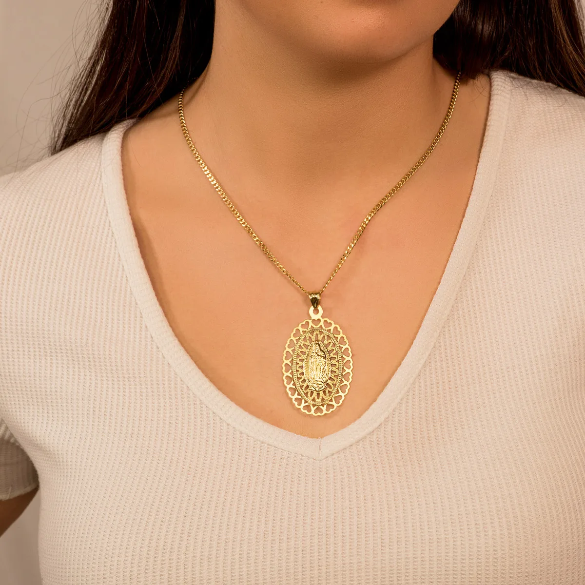 18K MEDALLA ORO AMARILLO VIRGEN DE GUADALUPE OVAL 50X35 MM CERCO CORAZONES — vista 3
