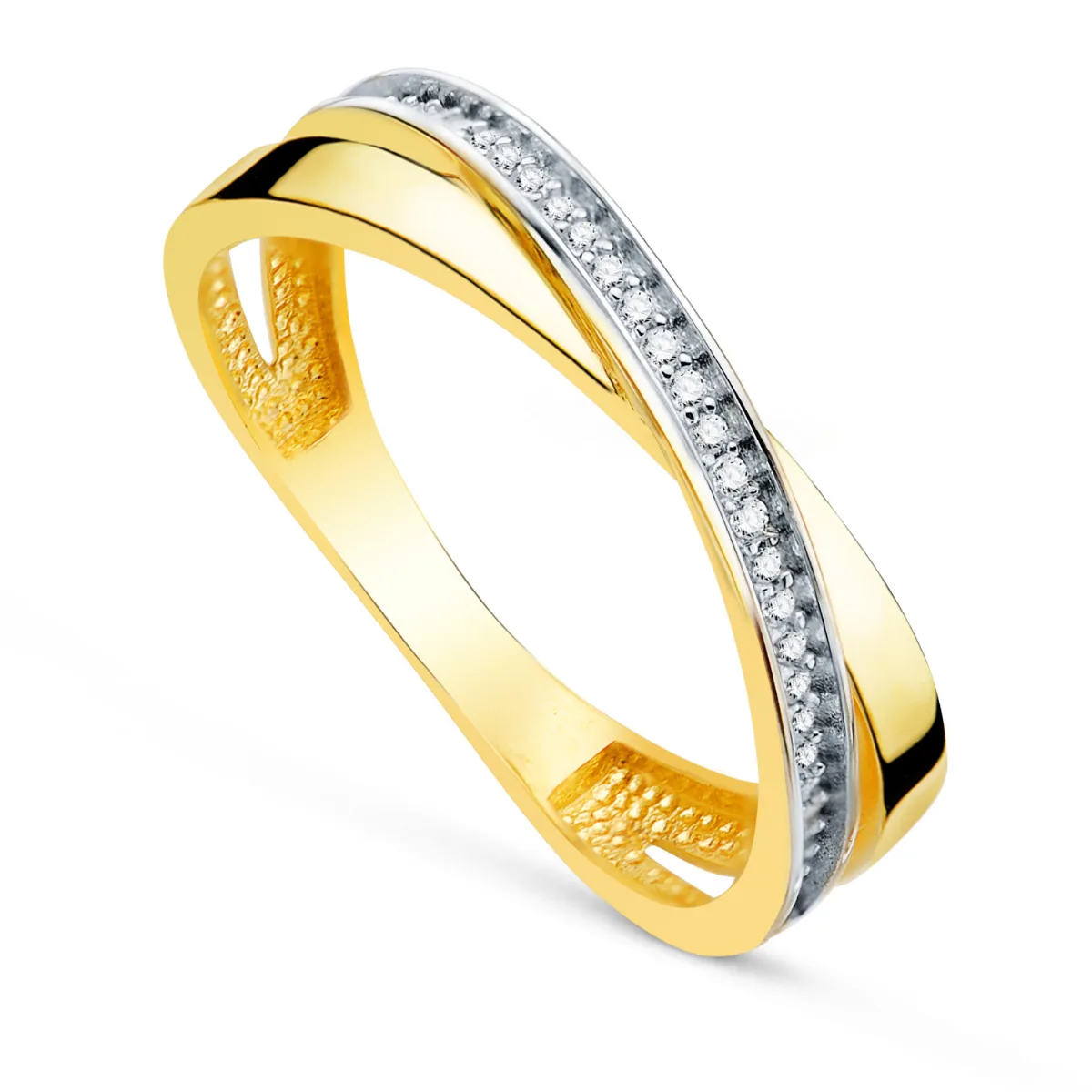 18K SORTIJA ORO BICOLOR BANDA CRUZADA CON CIRCONITAS. ANCHO: 4MM