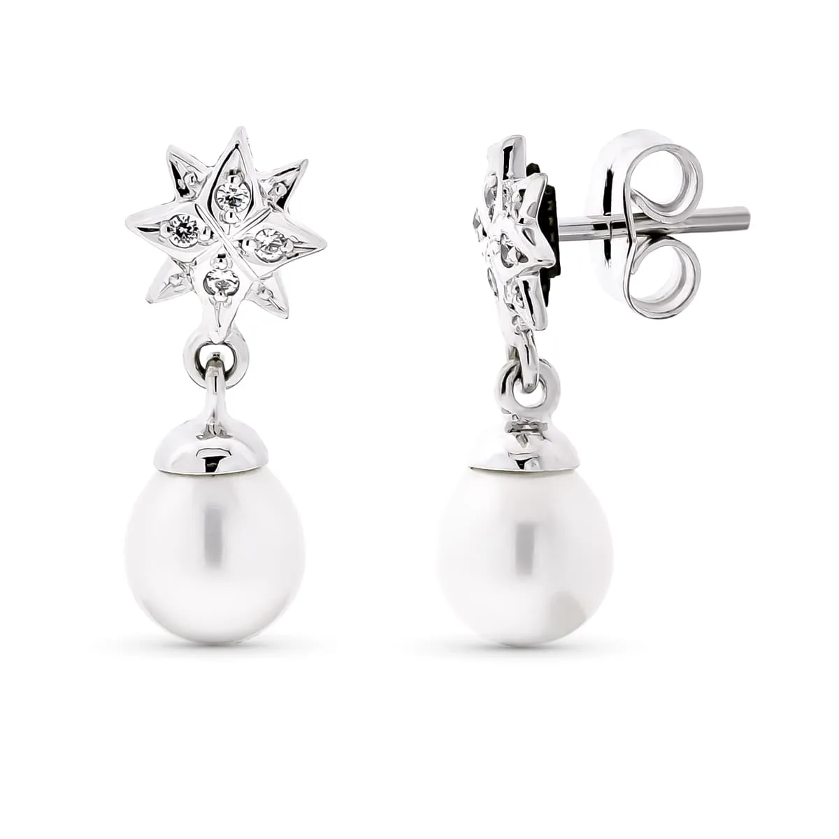 18K PENDIENTES ORO BLANCO LARGO ESTRELLA PERLA 18X7 MM CIERRE PRESION