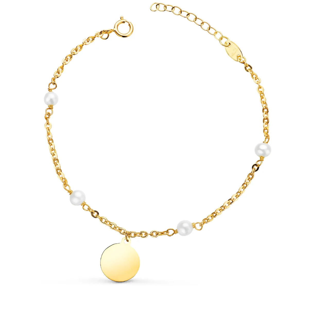 18K PULSERA ORO AMARILLO CON PERLAS 3.5MM Y PLACA CHAPA REDONDA 10MM. LARGO: 15 2CM