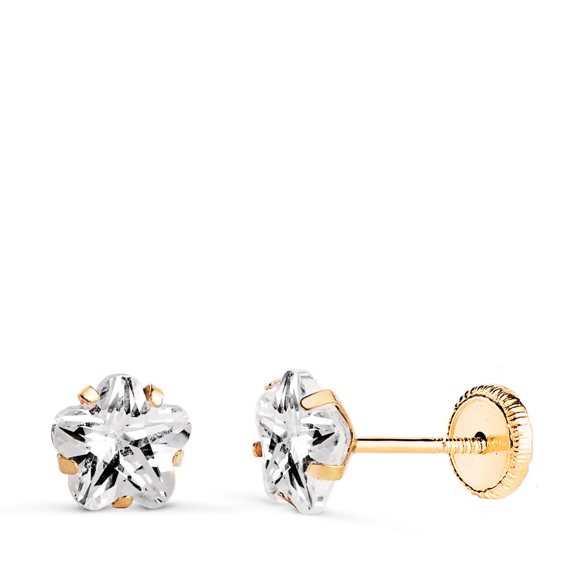 18K PENDIENTES ORO AMARILLO CIRCONITA FLOR 6X6 MM CIERRE TUERCA