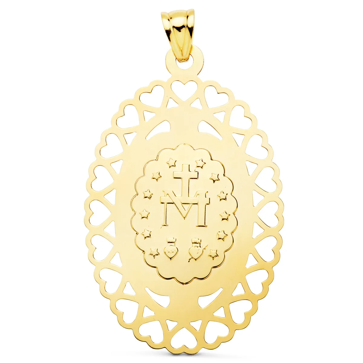 18K MEDALLA ORO AMARILLO VIRGEN MILAGROSA OVAL CERCO CORAZONES. 50 X 35 MM — vista 2