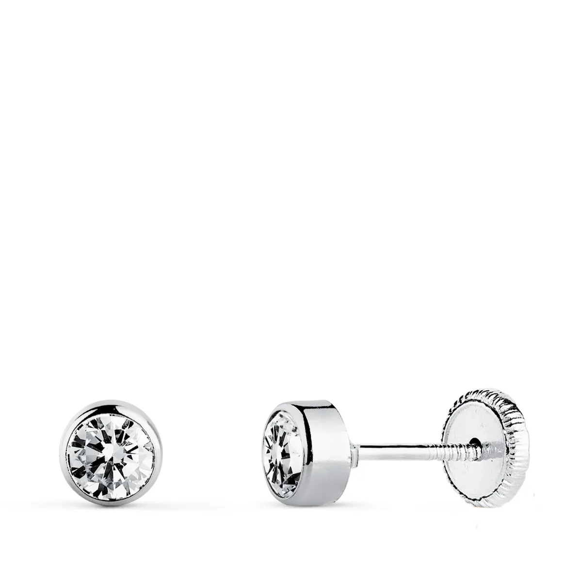 18K PENDIENTES ORO BLANCO CHATON REDONDOS BOCEL CON CIRCONITA 4 MM CIERRE TUERCA