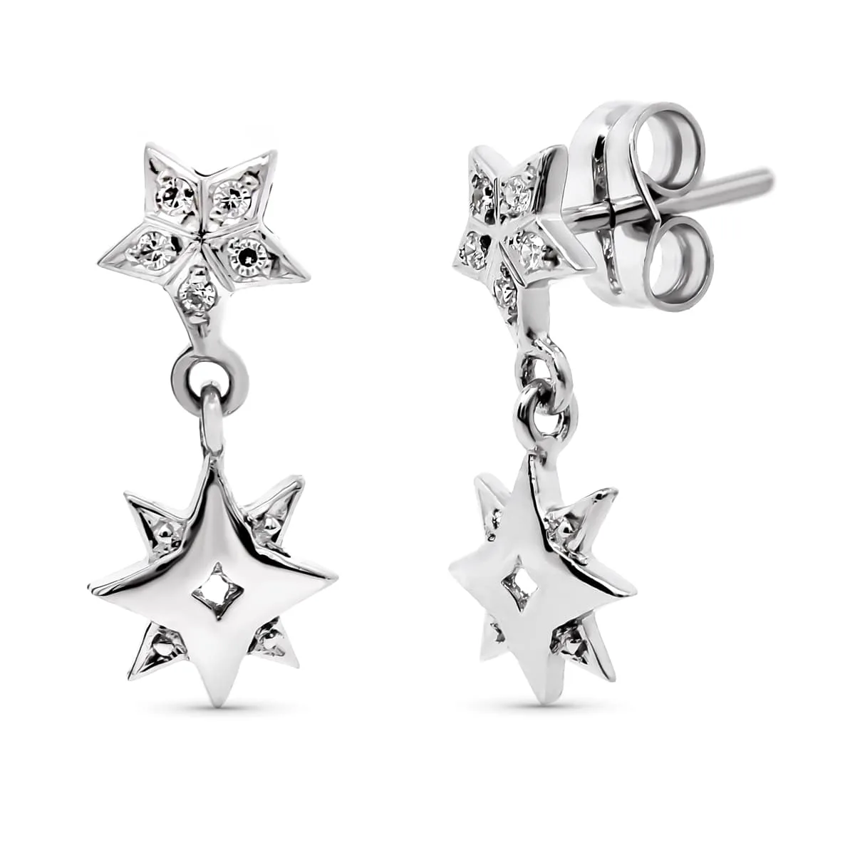 18K PENDIENTES ORO BLANCO LARGOS ESTRELLA 17X7 MM CIERRE PRESION