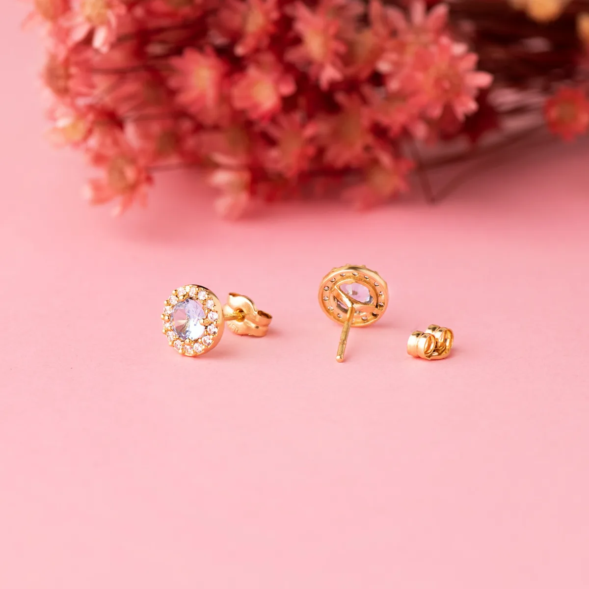 18K PENDIENTES ORO AMARILLO REDONDOS CIRCONITA Y AGUA MARINA 6,5 MM. CIERRE PRESION — vista 2