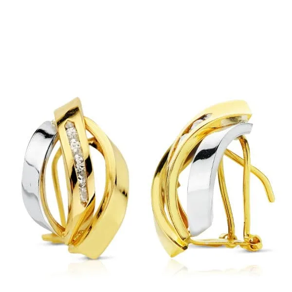 18K PENDIENTES ORO BICOLOR BANDAS 17X11 MM CIERRE OMEGA