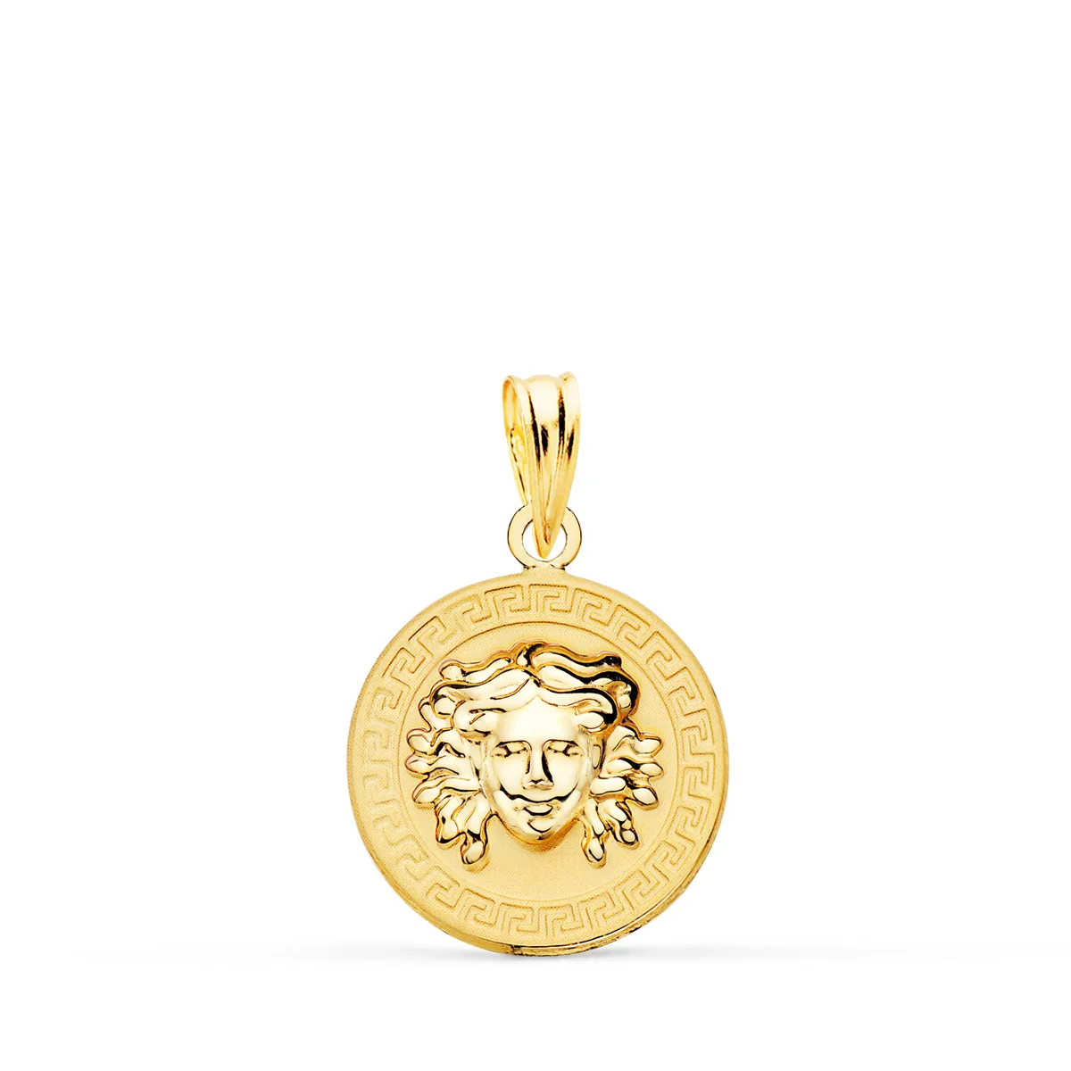 18K MEDALLA ORO AMARILLO MEDUSA EN BRILLO CON BORDE DE GRECA MATIZADA 15 MM