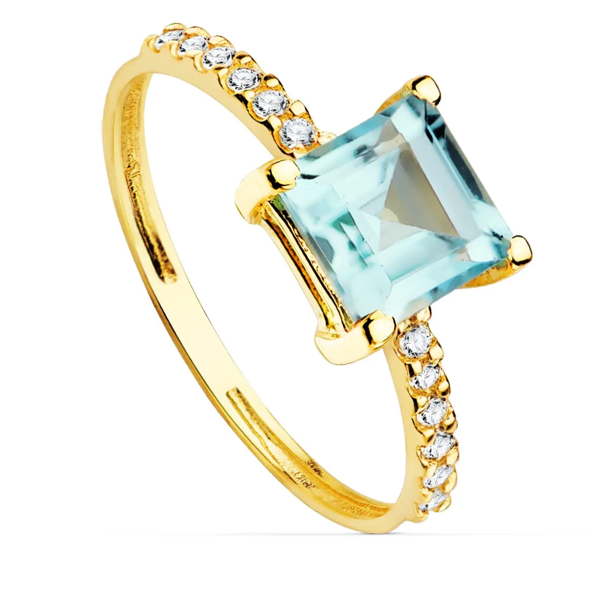 18K SORTIJA ORO AMARILLO CIRCONITA Y TOPACIO AZUL 6X6 MM ANCHO CUERPO 1.5 MM