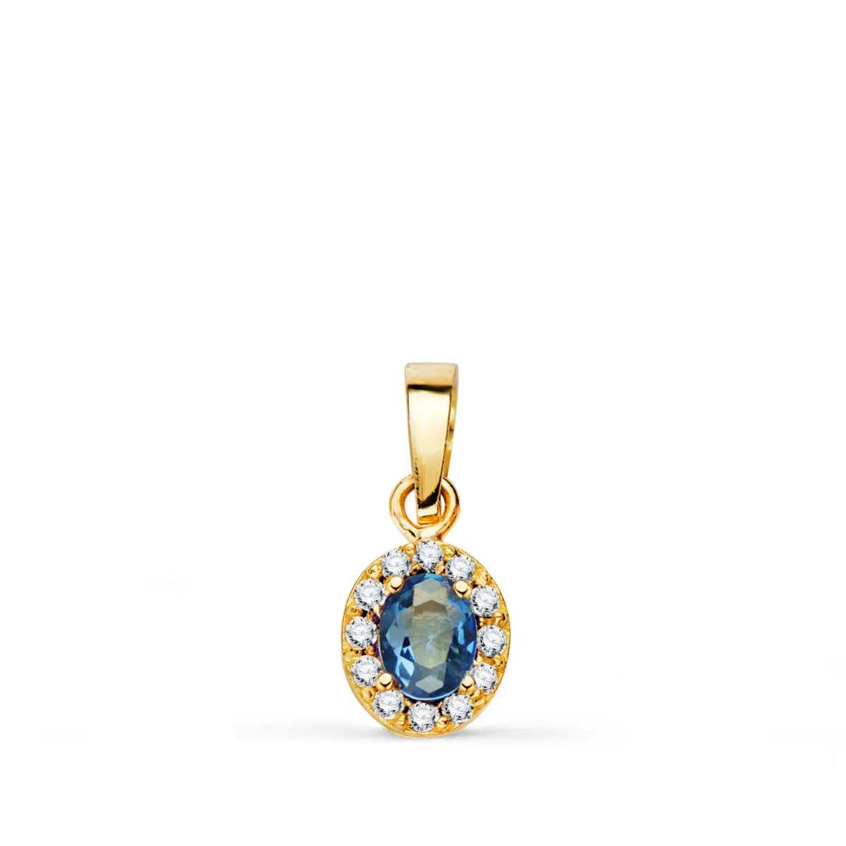 18K COLGANTE ORO AMARILLO PIEDRA OVAL AZUL Y CIRCONITAS. 6,5 X 5,5 MM.