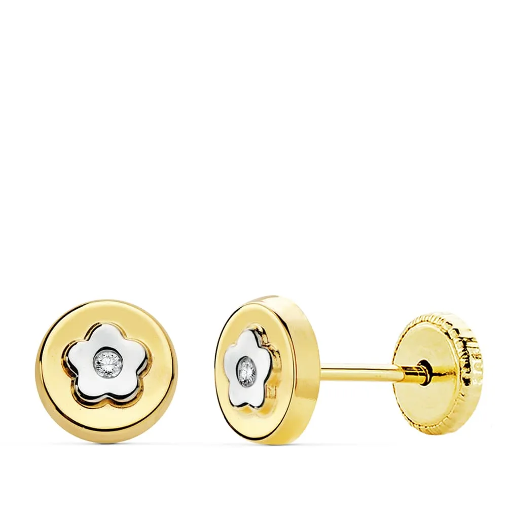 18K PENDIENTES REDONDO ORO BICOLOR 6 MM CIERRE TUERCA