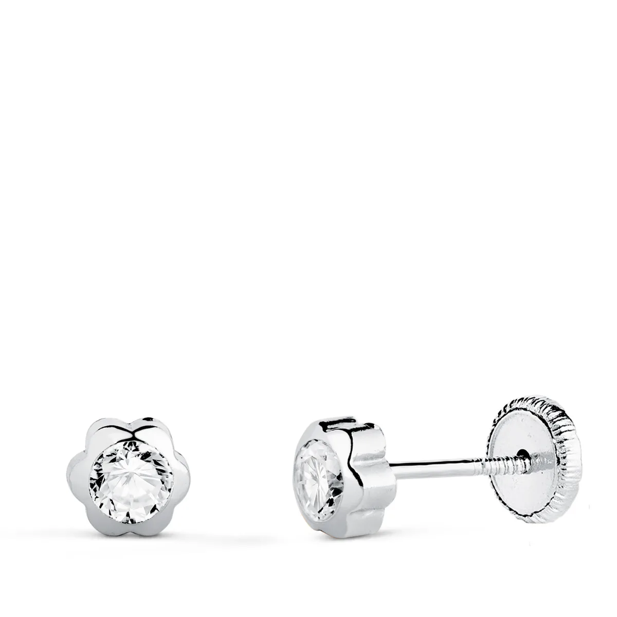 18K PENDIENTES ORO BLANCO CHATON MARGARITA CON CIRCONITA. MEDIDA: 5 X 5 MM. CIERRE TUERCA
