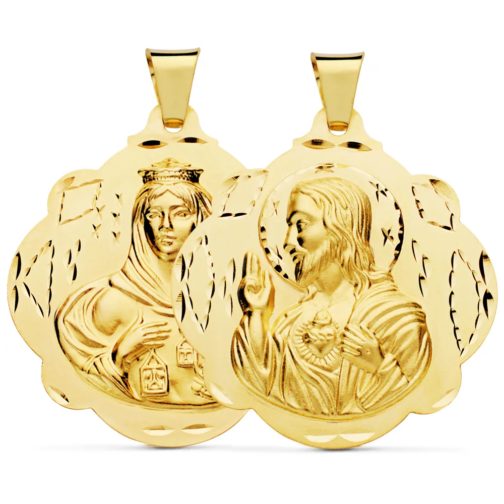 18K ESCAPULARIO ORO AMARILLO PANDERETA VIRGEN DEL CARMEN Y CORAZON DE JESUS 42 MM