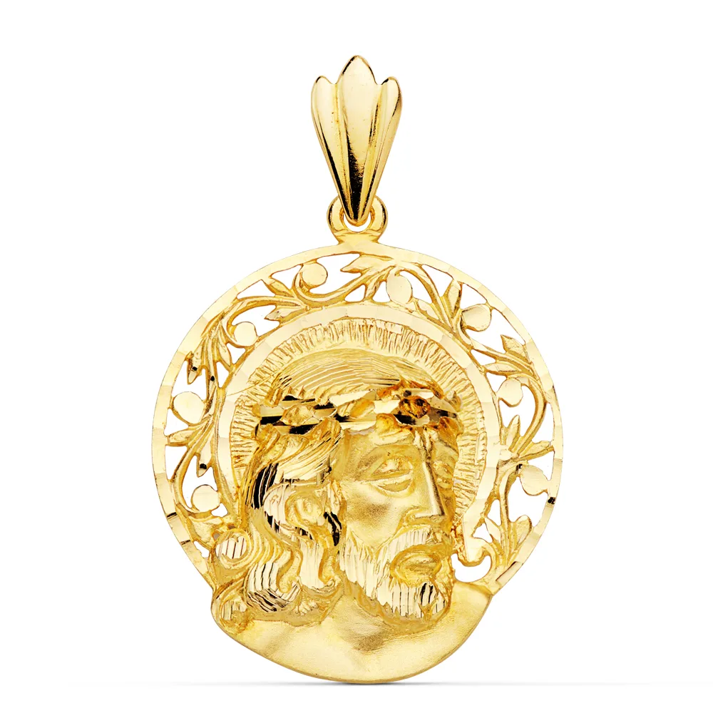 18K COLGANTE ORO AMARILLO CABEZA DE CRISTO AUREOLA 29X27 MM