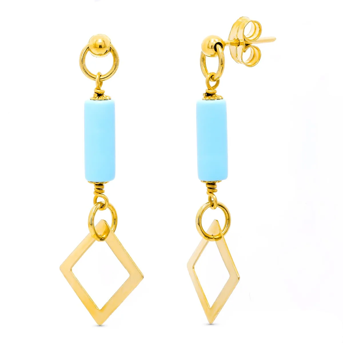 18K PENDIENTES ORO AMARILLO TURQUESA ROMBO PRESION