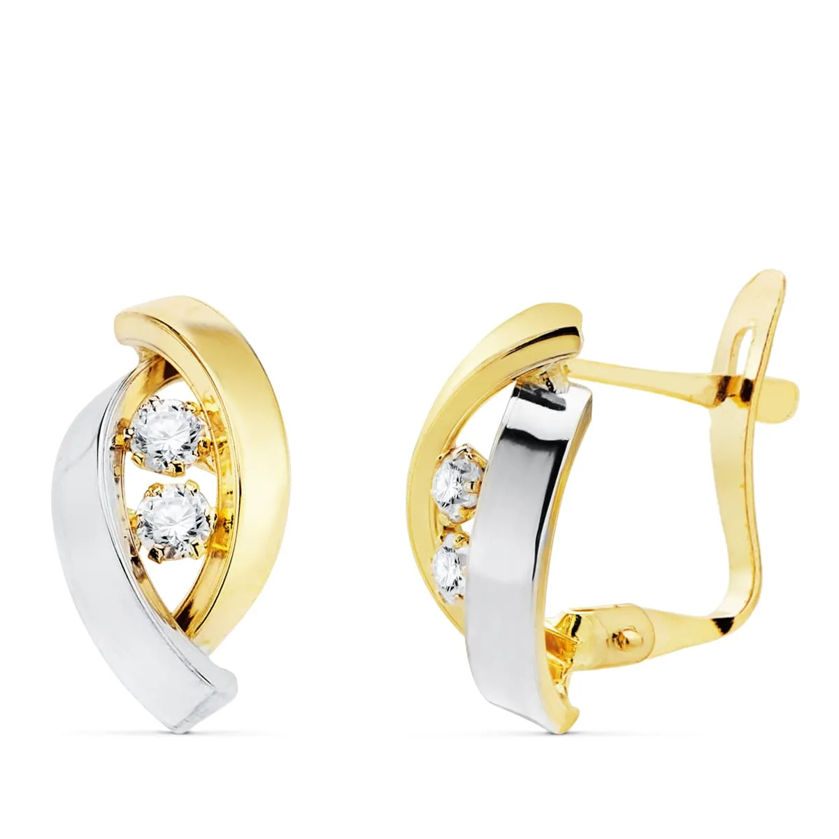 18K PENDIENTES ORO BICOLOR BANDAS Y CIRCONITA 14X8 MM CIERRE CATALÁN