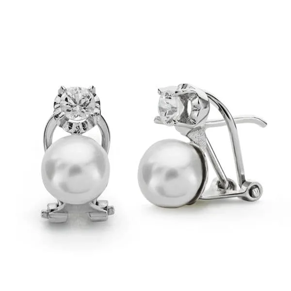 18K PENDIENTES ORO BLANCO PERLA CULTIVADA 7-4.5 MM CIERRE OMEGA