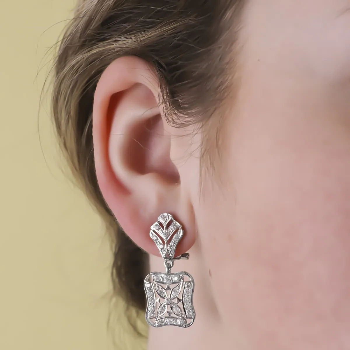 18K PENDIENTES ORO BLANCO JUEGO NOVIA DOBLE CUERPO 33X14 MM CIERRE OMEGA — vista 2
