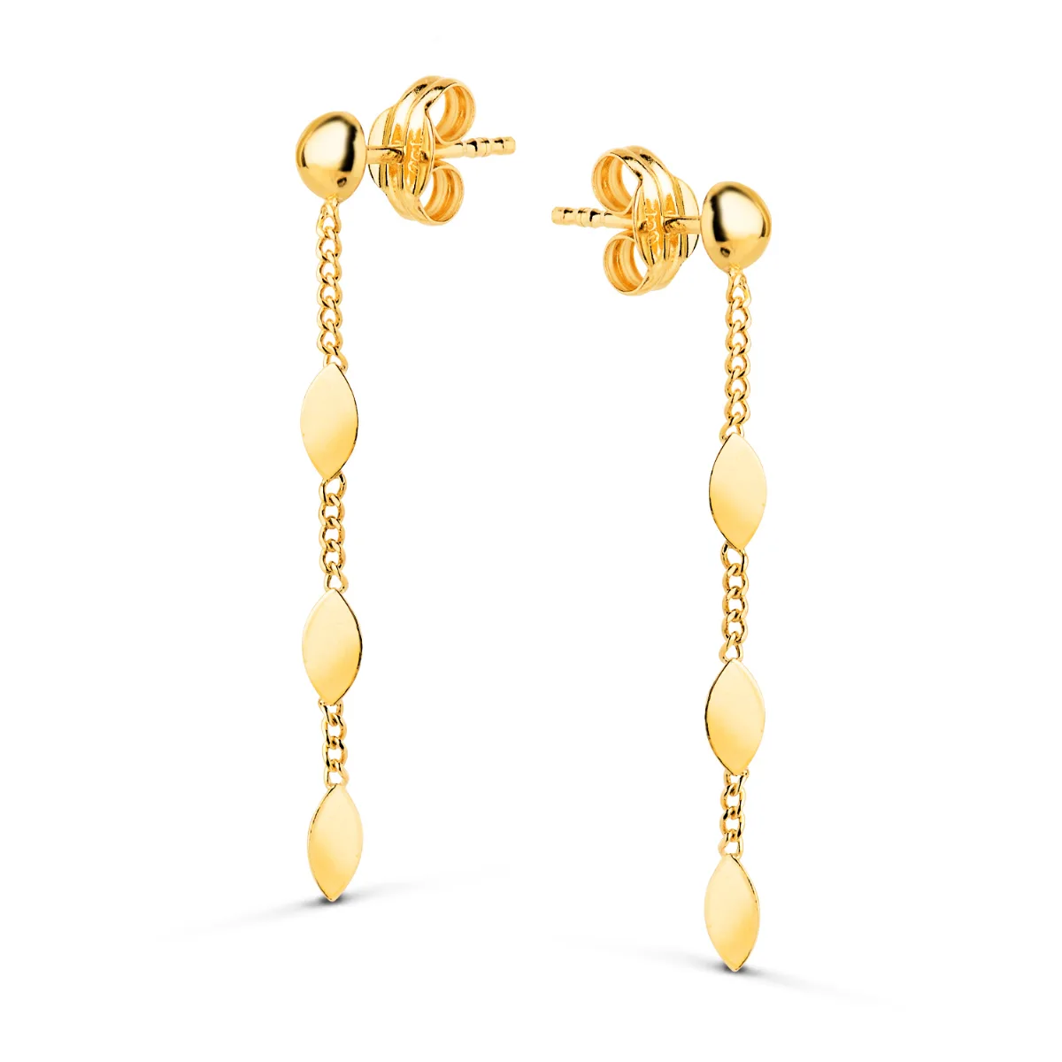 18K PENDIENTES ORO AMARILLO CADENA Y CHAPITAS MEDIA BOLA 3MM. LARGO: 30MM. CIERRE PRESION