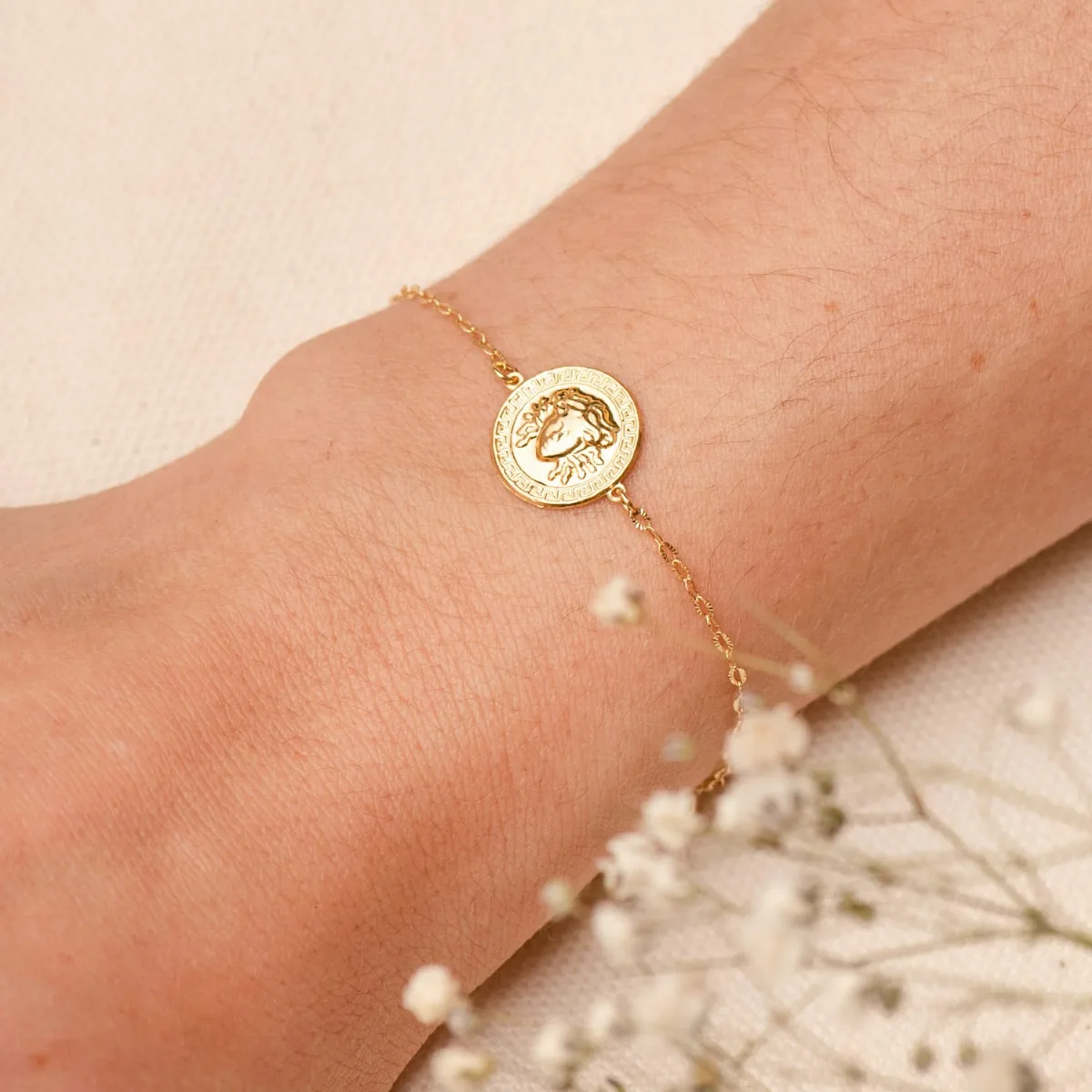18K PULSERA ORO AMARILLO MEDUSA BRILLO 12MM CADENA TALLADA. LARGO: 18-3 CM — vista 2