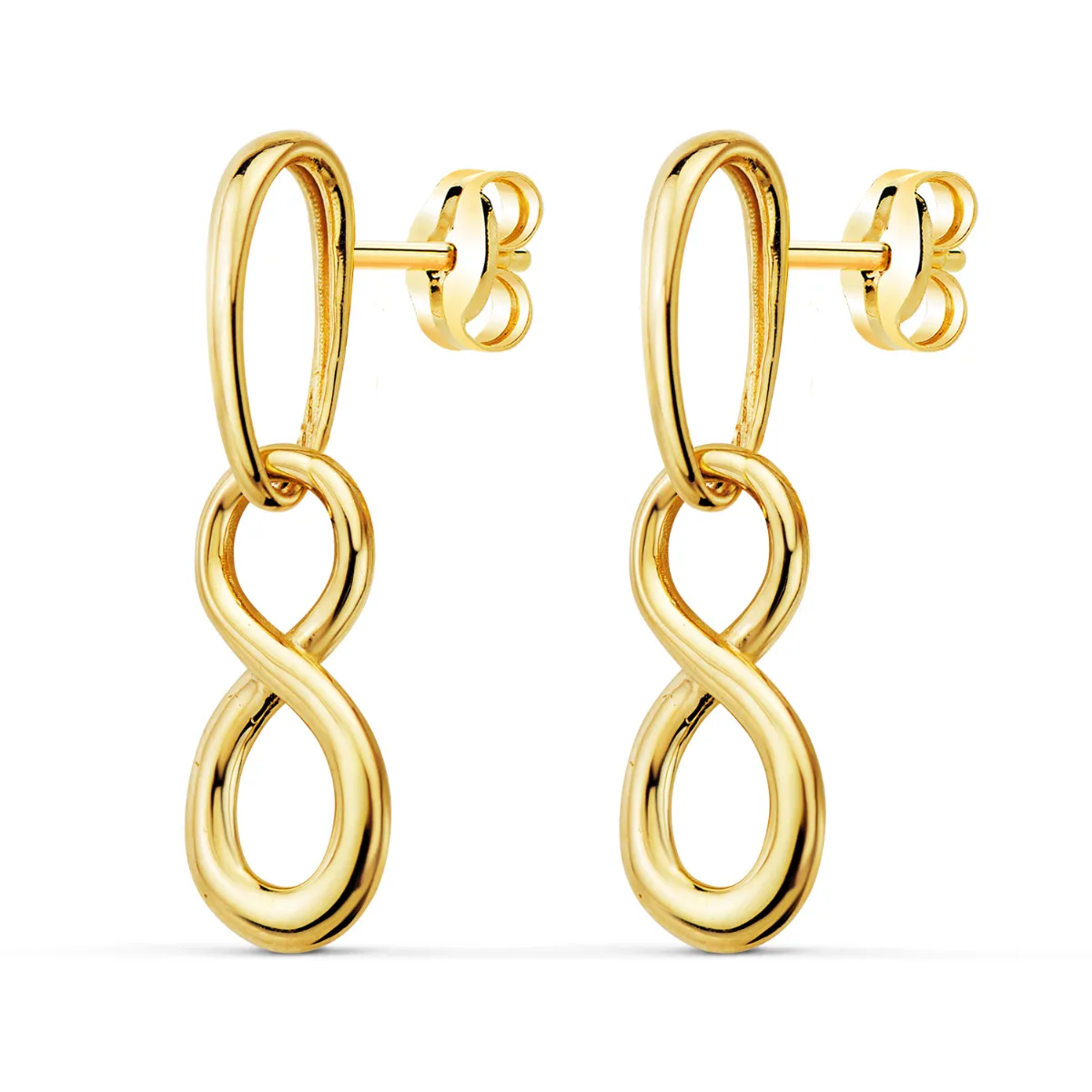 18K PENDIENTES ORO AMARILLO DOS CUERPOS CON COLGANTE INFINITO. CIERRE PRESION 25 X 8MM
