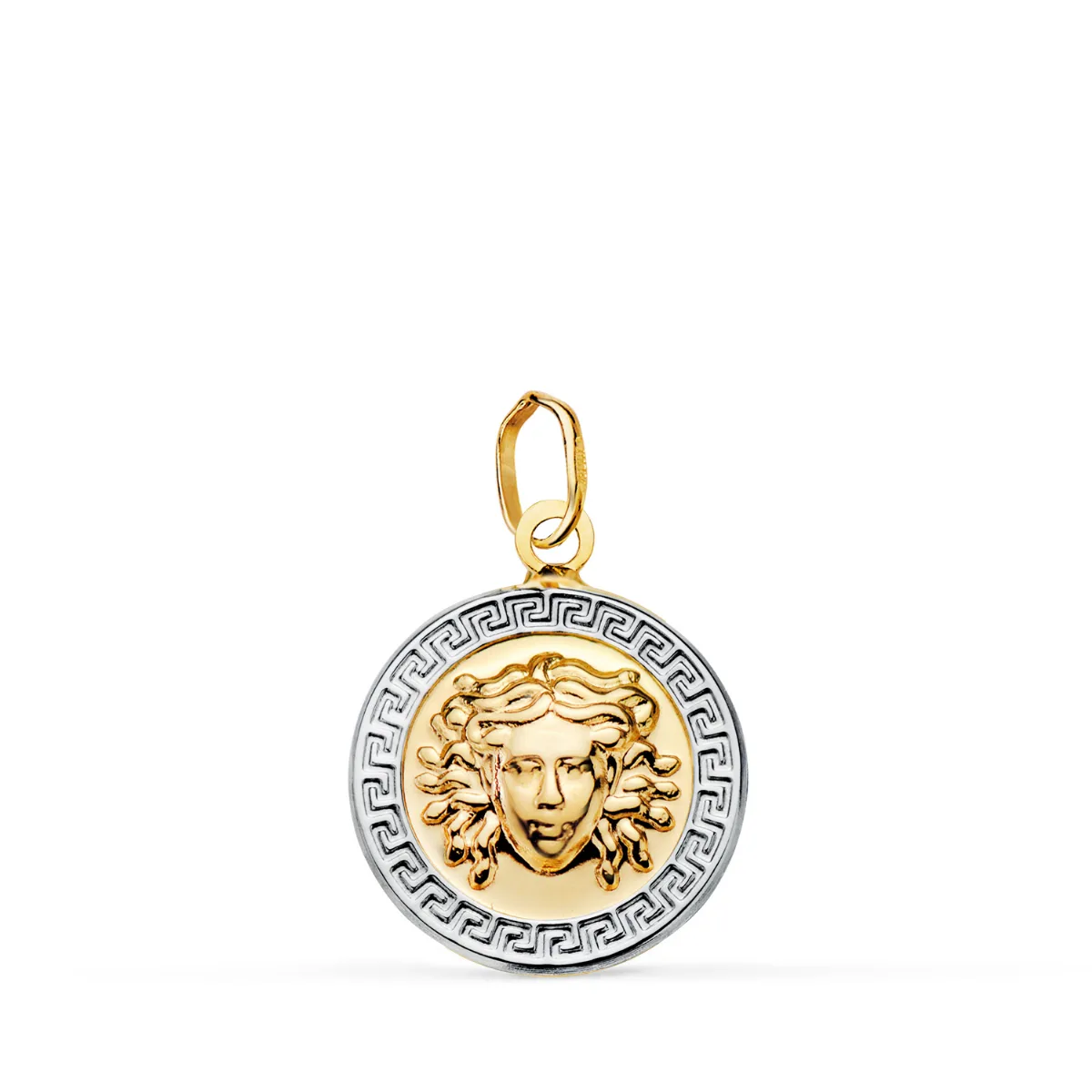 18K MEDALLA ORO BICOLOR MEDUSA GRECA EN BRILLO. MEDIDA: 15 MM