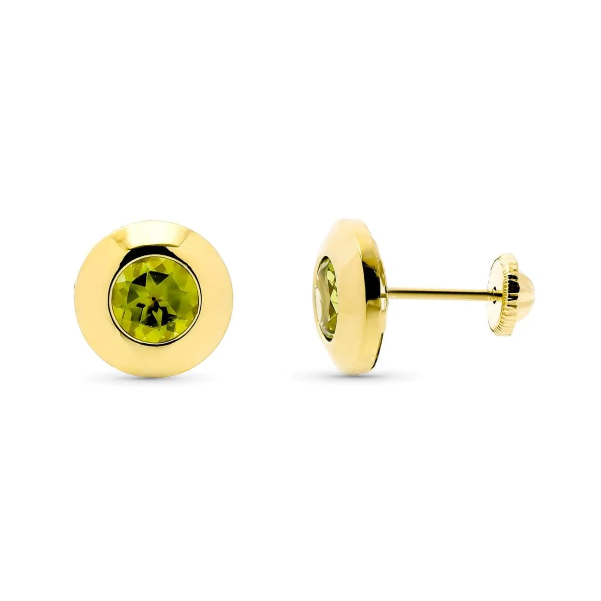 9K PENDIENTES ORO AMARILLO CHATON CON OLIVINA NATURAL 5 MM - 1,14 QTS. ANCHO: 7 MM CIERRE TUERCA